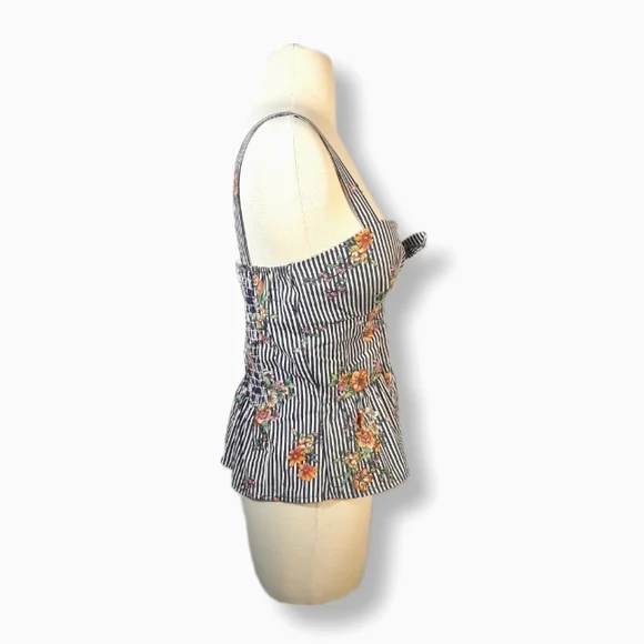 Iris Striped Tank Top Womens Fit & Flare Sleeveless Floral Bow Padded Low Cut-L - Picture 2 of 16